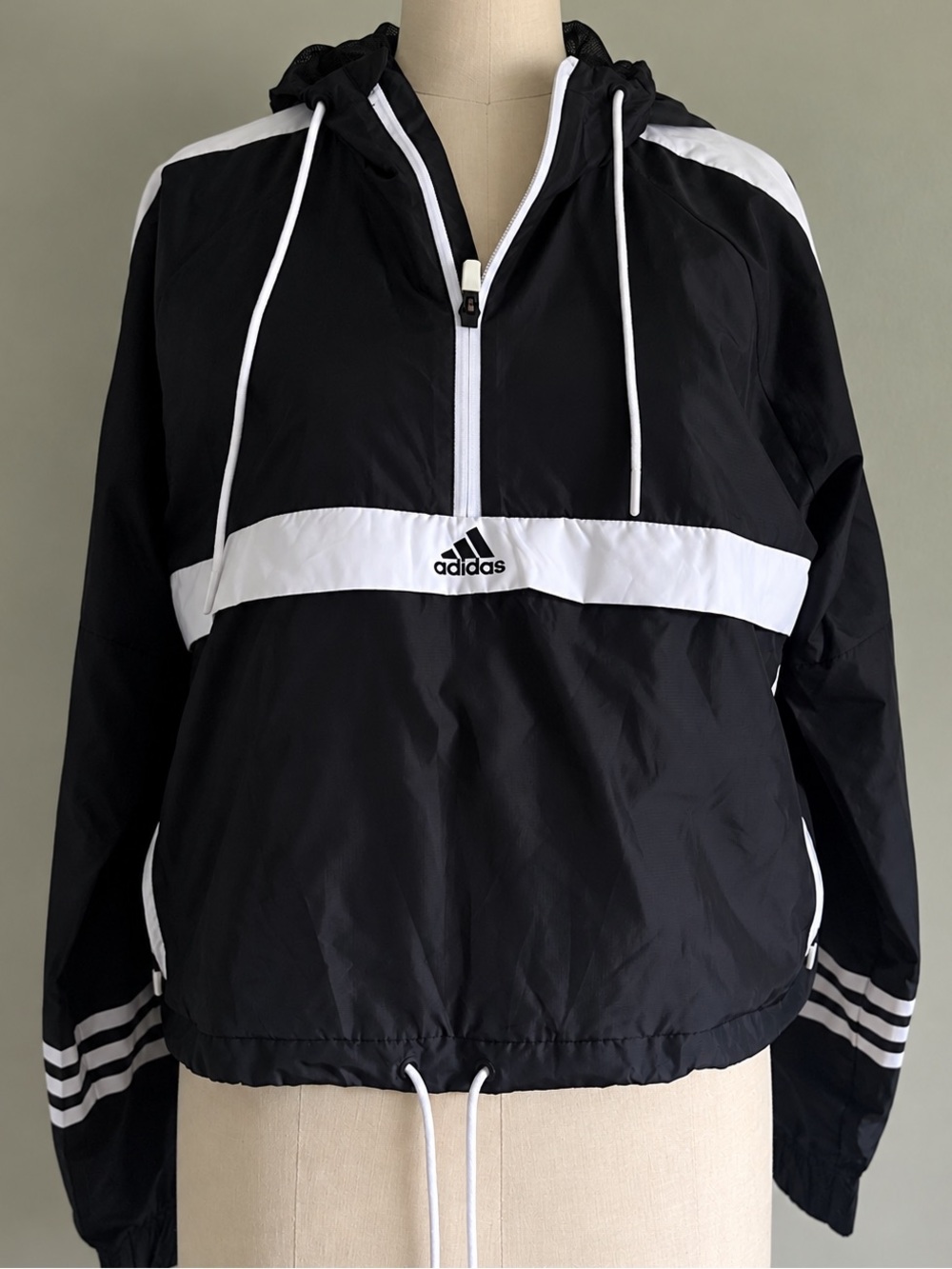 Adidas Girls 3 Stripes Hooded Anorak Windbreaker Black White M 12-14